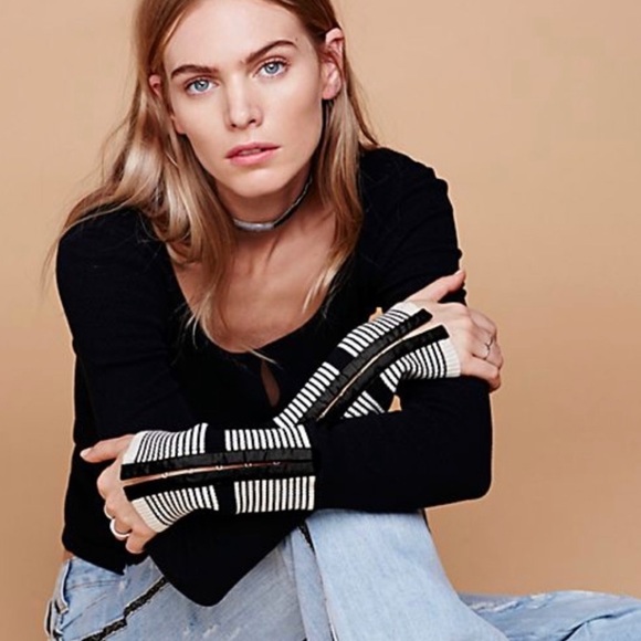 Free People Tops - Free People Black Long Sleeve Top with Striped Wrist Details